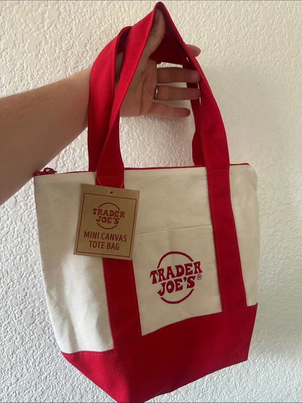 Trader Joe’s Red & Cream Mini Tote Bag—WITH ZIPPER 🤐